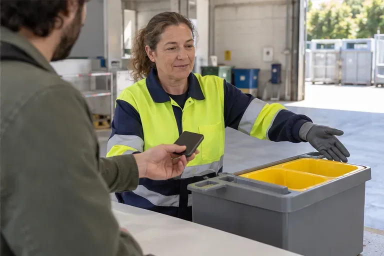 Una trabajadora de un punto de recogida indica un recipiente separado mientras una persona le entrega una batería externa.