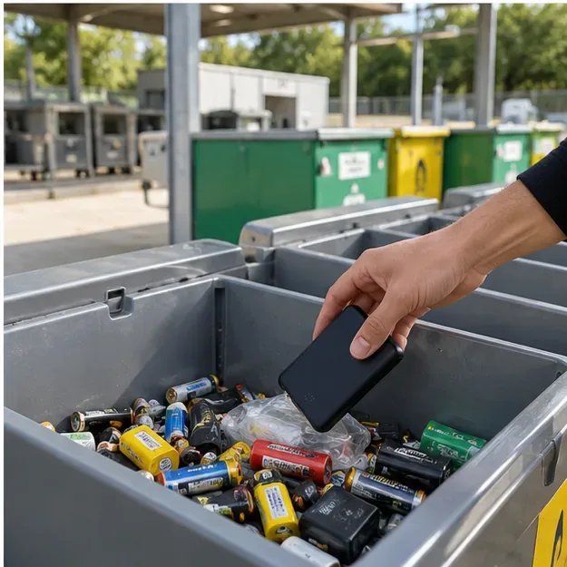 Mano depositando una batería externa en un recipiente de recogida de baterías dentro de una zona de reciclaje