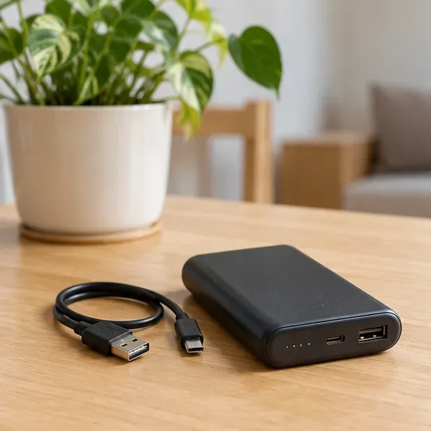 Batería externa negra y cable USB sobre una mesa, preparada para revisar su estado antes del reciclaje