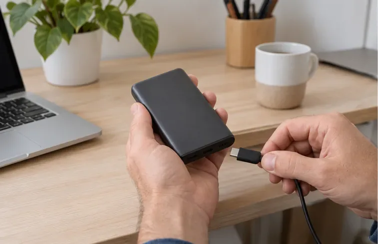 Una persona desconecta el cable de una batería externa compacta sobre una mesa