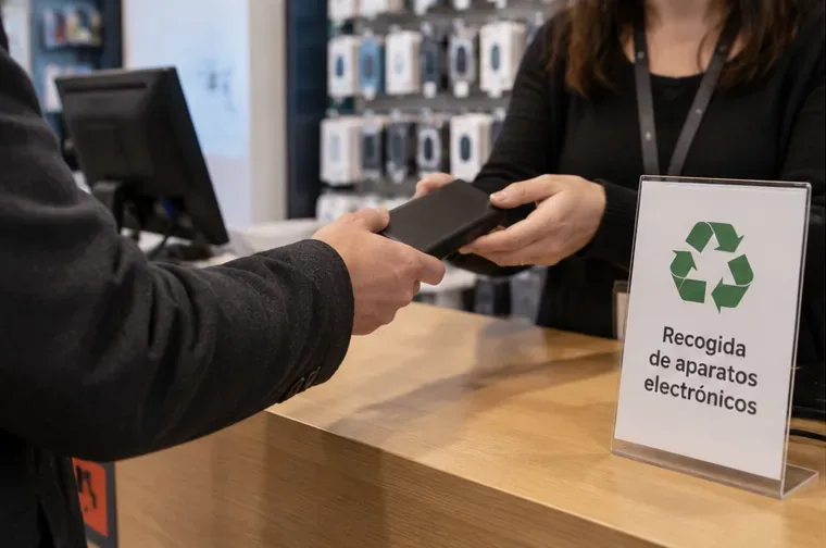 Cliente entregando una batería externa en el mostrador de una tienda con recogida de aparatos electrónicos
