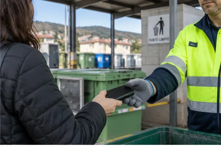 Persona entregando una batería externa a un trabajador en una instalación de punto limpio