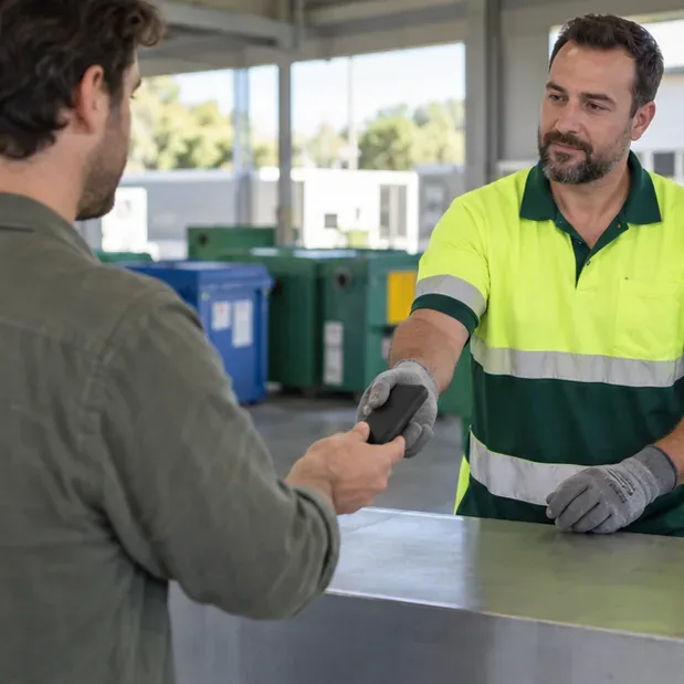 Un usuario entrega una batería externa negra a un trabajador con guantes en una recepción genérica de residuos