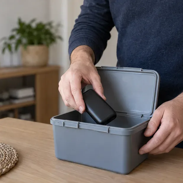 Una mano coloca una batería externa negra dentro de un recipiente plástico gris abierto para mantenerla separada temporalmente