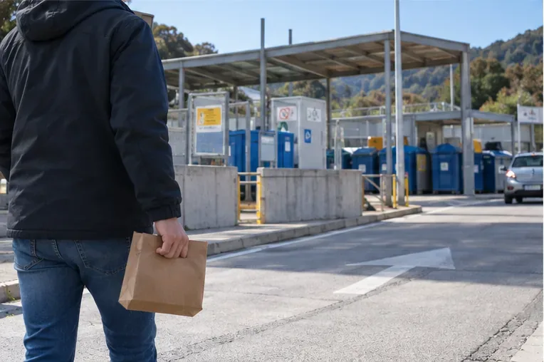 Persona caminando con una pequeña bolsa hacia una instalación de recogida de residuos con contenedores separados