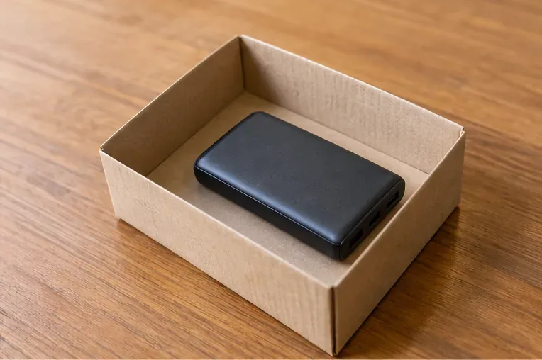 Batería externa colocada sola dentro de una pequeña caja de cartón para llevarla a un punto de recogida