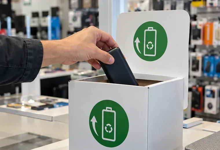 Mano depositando una batería externa en una caja de recogida identificada con un símbolo de batería y reciclaje dentro de una tienda