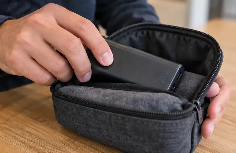 Persona colocando una batería externa sin señales visibles de daño dentro de una funda acolchada para transportarla