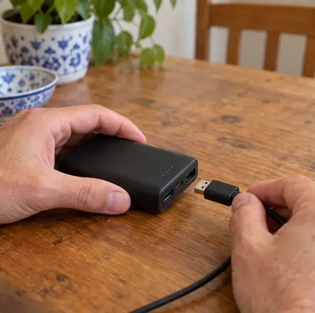 Una mano desconecta el cable USB de una batería externa negra sobre una mesa de madera
