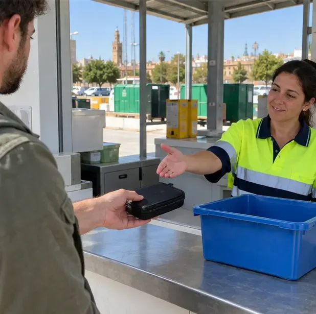 Una persona entrega una batería externa a una trabajadora en un mostrador de recogida selectiva