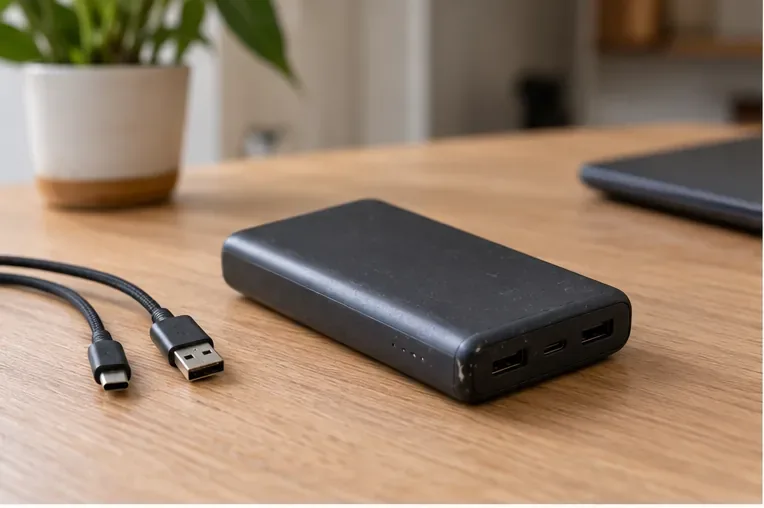 Batería externa negra desconectada junto a sus cables sobre una mesa