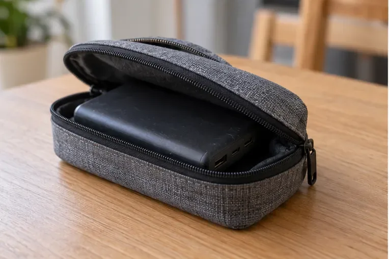 Batería externa guardada de forma separada dentro de una funda acolchada con cremallera