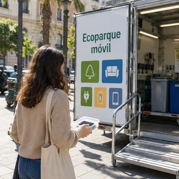 Persona acercándose con un pequeño recipiente a un ecoparque móvil urbano