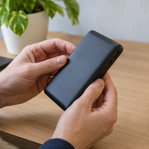 Manos revisando una batería externa negra desconectada sobre una mesa de madera