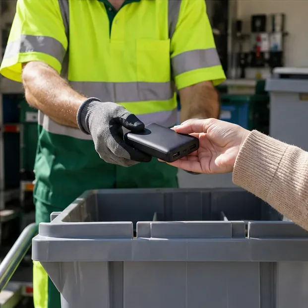 Persona entregando una batería externa a un operario de reciclaje con guantes
