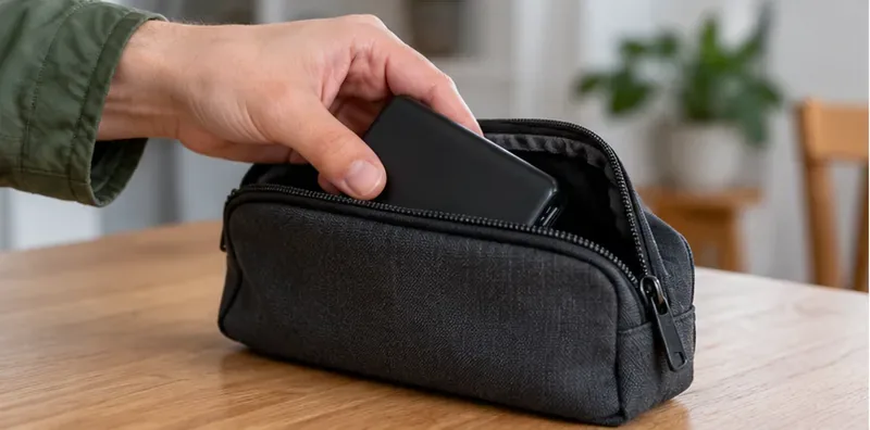 Una batería externa negra e intacta se guarda en una funda acolchada pequeña para llevarla al punto limpio