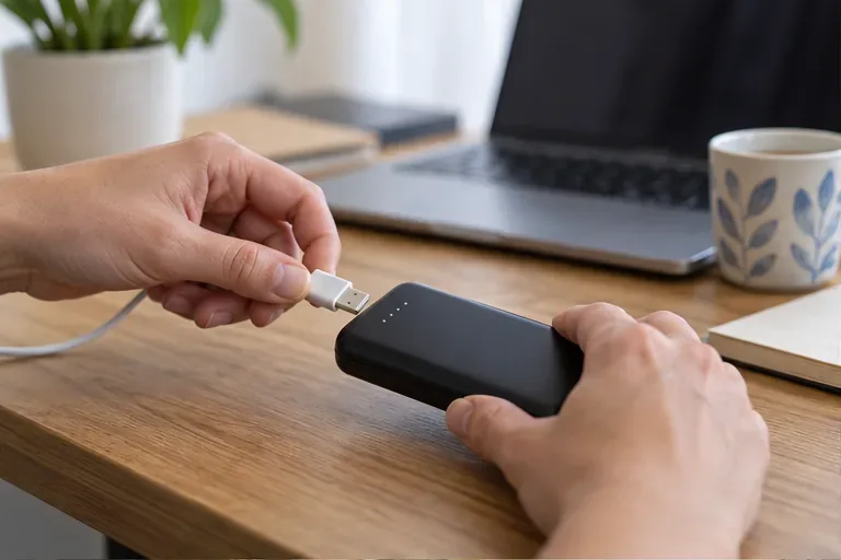 Una persona desconecta el cable de una batería externa negra sobre un escritorio