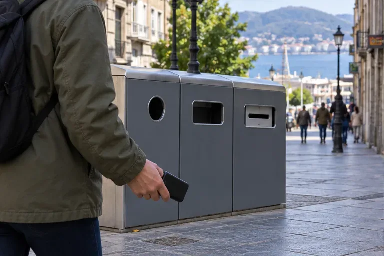 Una persona sostiene una batería externa junto a un punto limpio de proximidad en una calle urbana