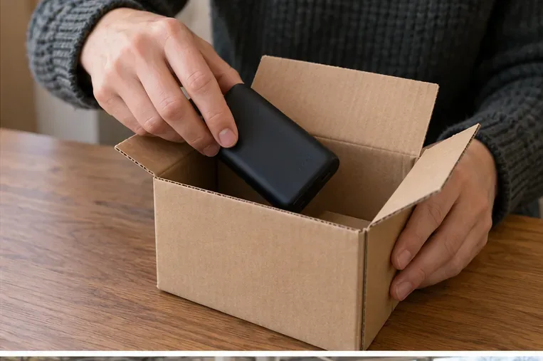 Una mano coloca una batería externa intacta dentro de una caja pequeña de cartón para transportarla.