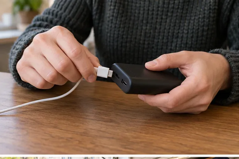 Una persona desconecta una batería externa negra de un cable antes de llevarla a reciclar.