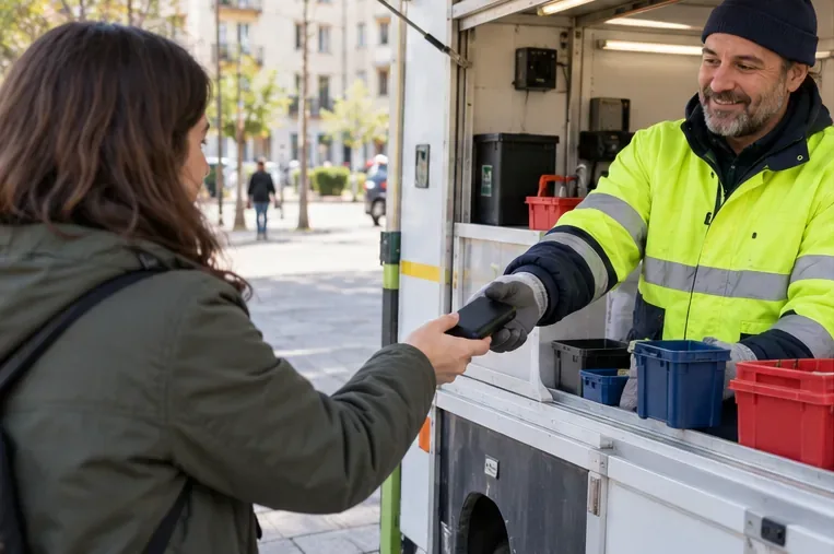 Una vecina entrega una batería externa a una persona trabajadora en un punto móvil municipal de recogida.