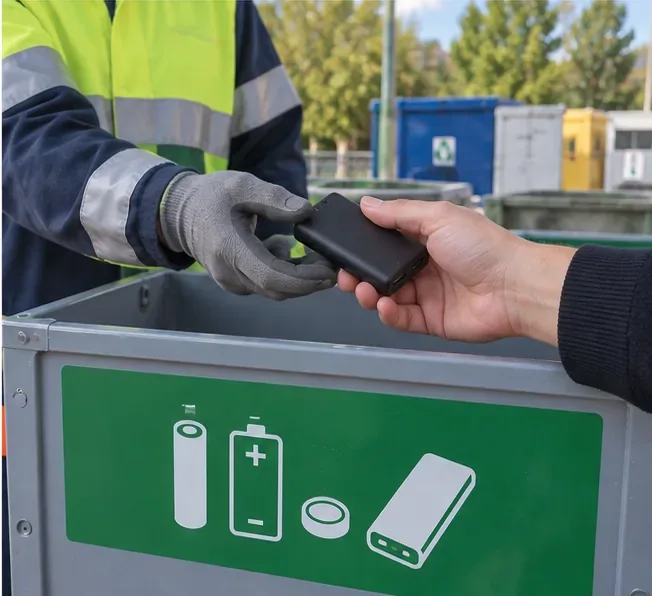 Un usuario entrega una batería externa a un operario con guantes en una instalación de recogida de residuos