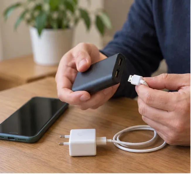 Una persona desconecta el cable de carga de una batería externa negra antes de llevarla a un punto de recogida