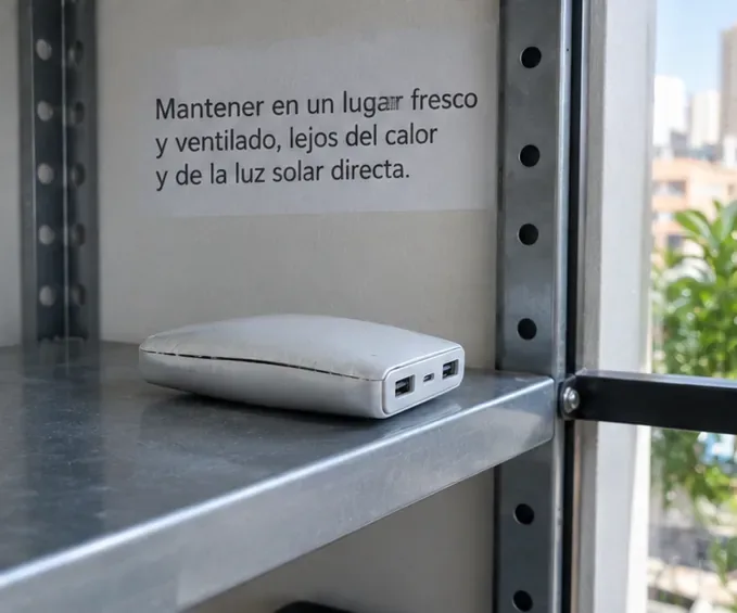 Una batería externa deformada colocada sobre una balda metálica en un lugar ventilado y alejado de fuentes de calor