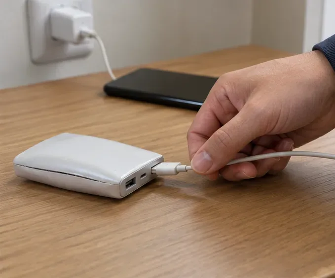 Una mano desconecta con cuidado el cable de carga de una batería externa blanca deformada