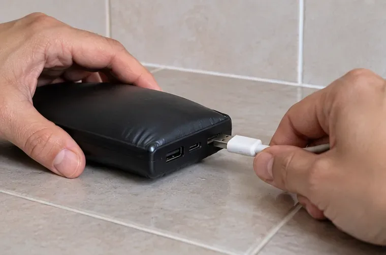 Manos desconectando con cuidado el cable de una batería externa negra visiblemente hinchada sobre una superficie de baldosa