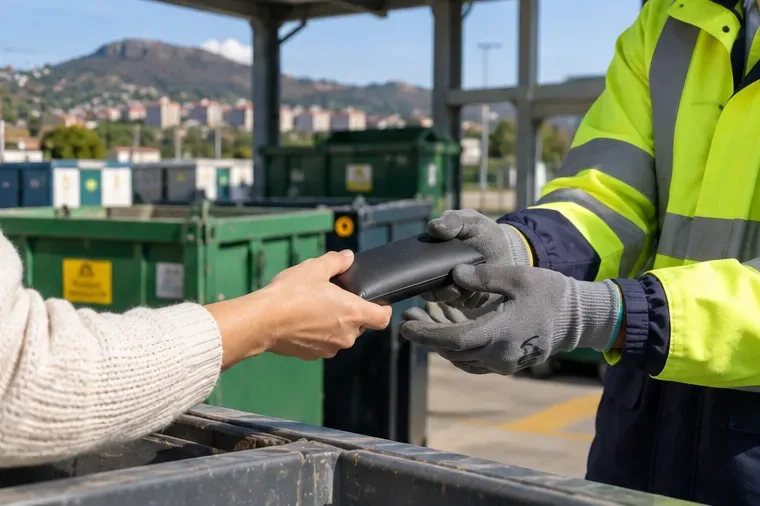 Persona entregando una batería externa a un operario con guantes y ropa de alta visibilidad en una instalación de residuos