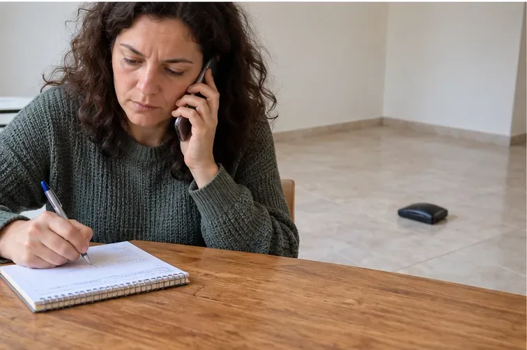 Una mujer consulta por teléfono y escribe notas; una batería externa aparece apartada en el suelo al fondo.