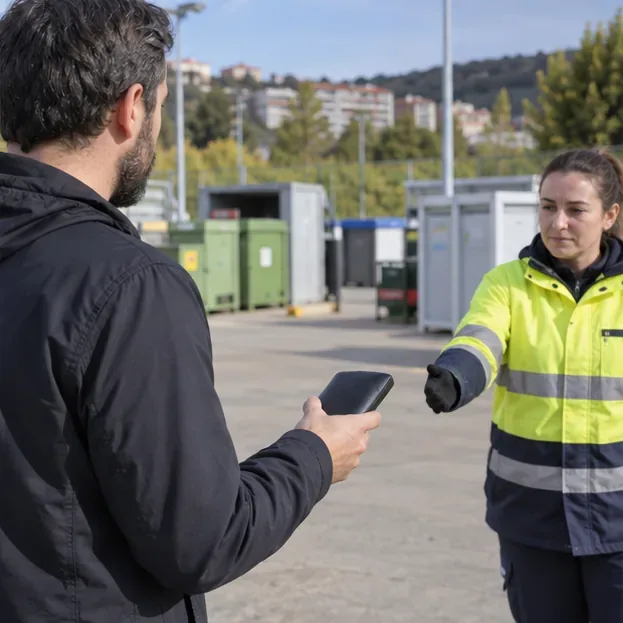 Una persona informa a una trabajadora de un punto limpio y le muestra una batería externa antes de entregarla