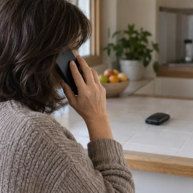 Una persona llama para consultar las instrucciones de entrega mientras una batería externa permanece sobre la encimera