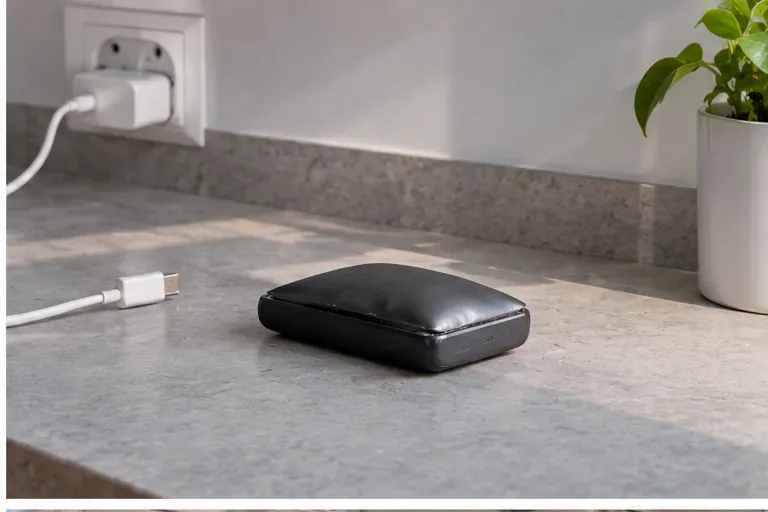 Power bank hinchada aislada sobre una encimera mineral, separada del cable de carga