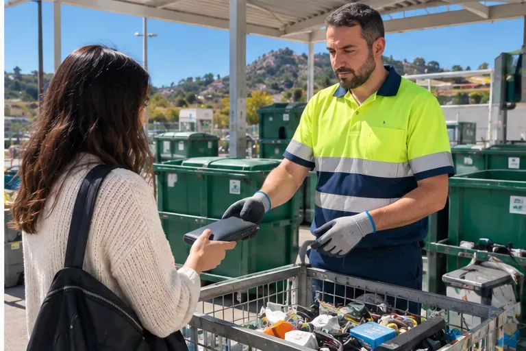Trabajador de un centro de reciclaje recibiendo directamente una batería externa de una usuaria