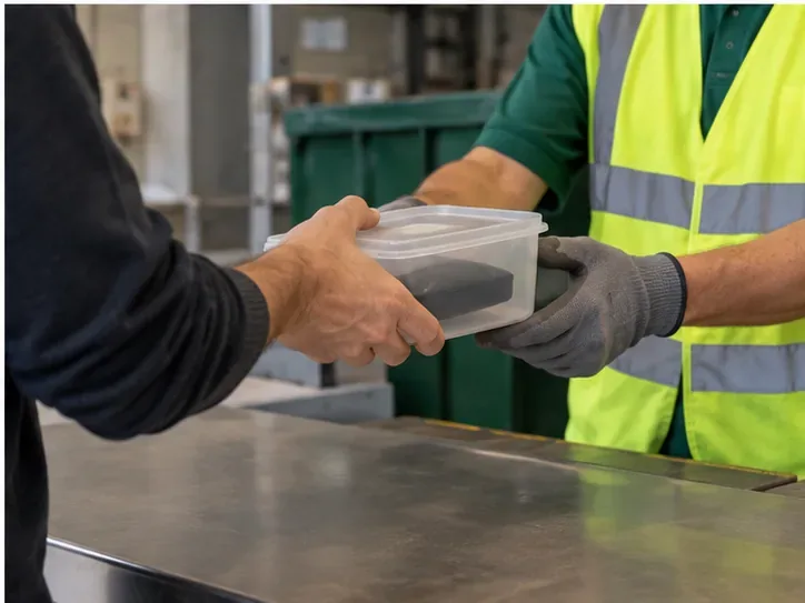 Usuario entregando un recipiente con una batería externa a un trabajador con guantes y chaleco reflectante