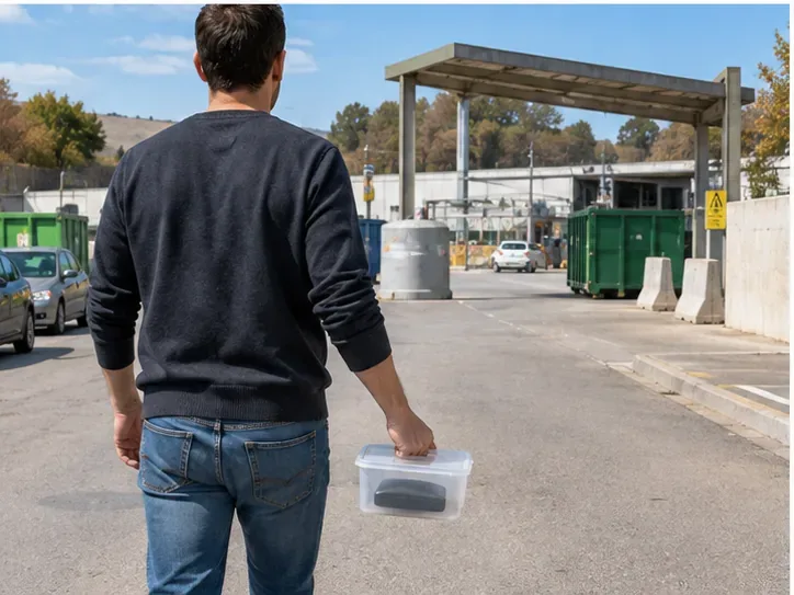 Persona llevando una batería externa en un recipiente hacia una instalación de reciclaje