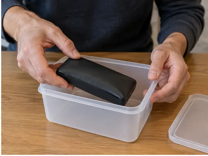 Persona colocando con cuidado una batería externa hinchada dentro de un recipiente rígido sin comprimirla