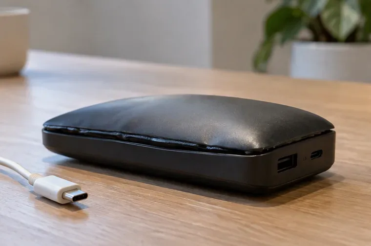 Batería externa negra visiblemente hinchada y desconectada, con el cable USB separado sobre la mesa