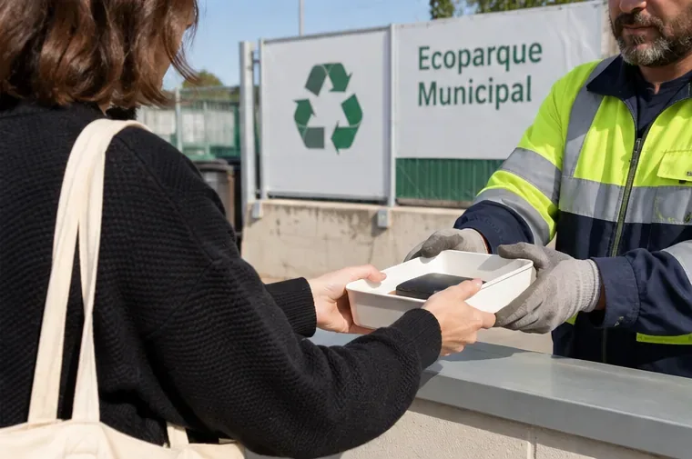 Persona entregando una batería externa hinchada a un trabajador con guantes en un ecoparque municipal
