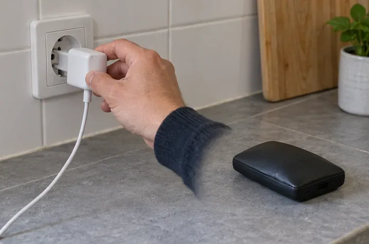 Una mano desconecta el cargador de la toma de pared mientras una batería externa permanece apartada y sin tocar