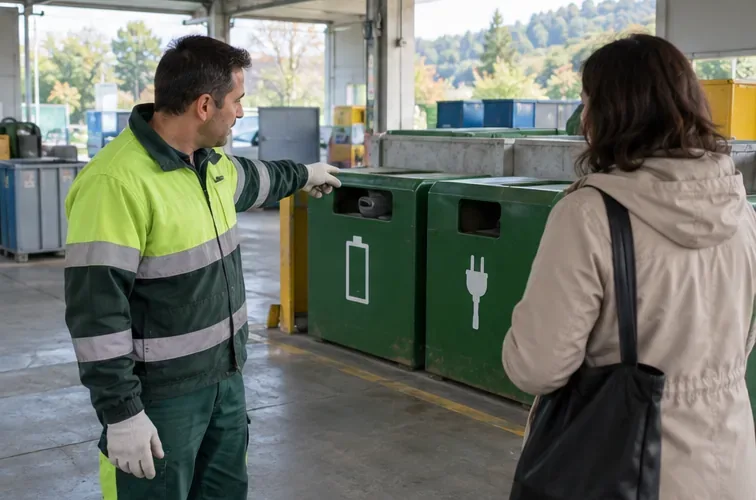 Una trabajadora de un centro de reciclaje señala una zona de recogida de baterías y aparatos eléctricos a una visitante