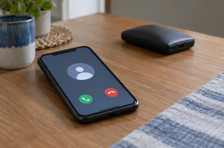 Un teléfono muestra una pantalla de llamada junto a una batería externa colocada a distancia sobre una mesa