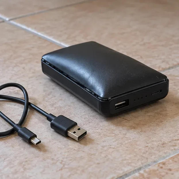 Batería externa negra visiblemente abombada sobre baldosas, con el cable USB desconectado a un lado