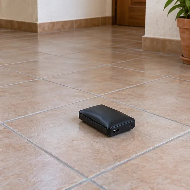 Batería externa negra aislada sobre un suelo de baldosas despejado en una habitación