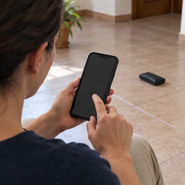 Persona consultando un teléfono móvil a distancia de una batería externa que permanece sobre el suelo