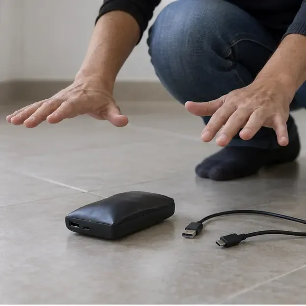 Manos alejadas de una batería externa hinchada y de un cable de carga desconectado en el suelo
