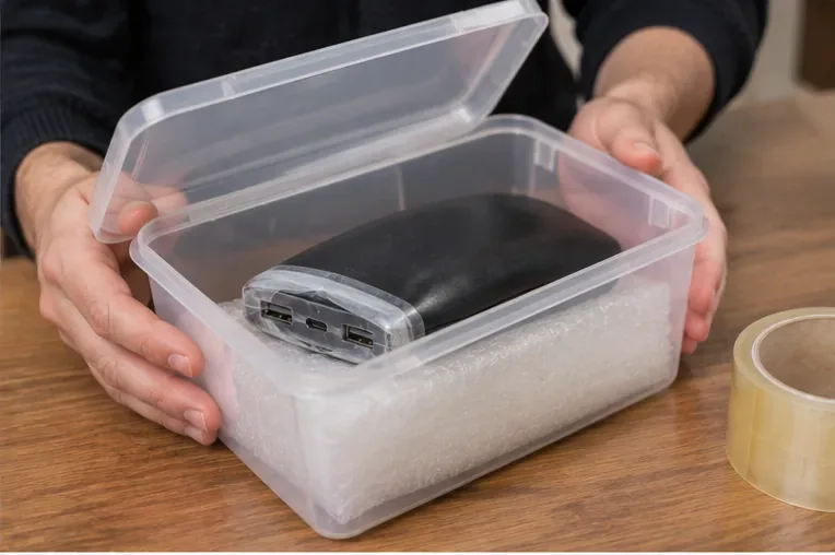 Power bank hinchada colocada con cuidado dentro de una caja rígida de plástico para evitar golpes durante el traslado