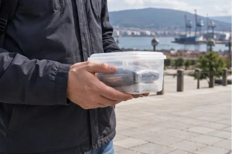 Persona transportando una caja pequeña con una power bank protegida durante un trayecto corto por Vigo